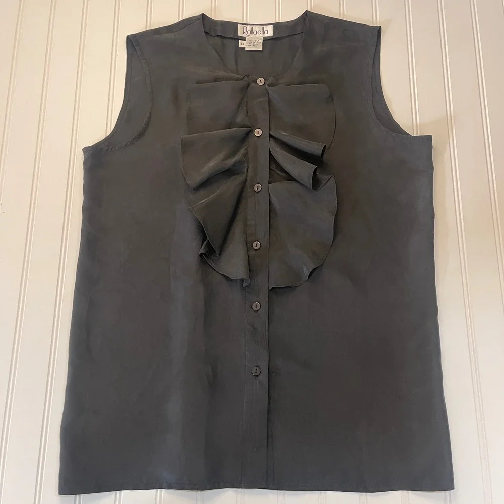 Vintage Rafaella Women 100% Silk Ruffle Front Sleeveless Blouse GrayBlack Size 8